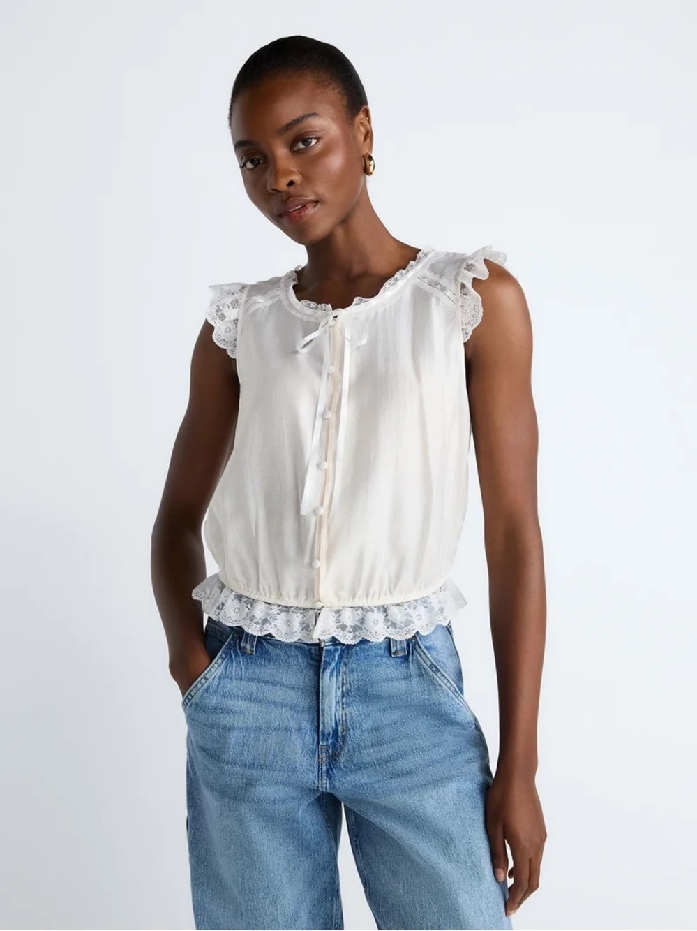 Sleeveless Lace-Trim Button Front Blouse - White